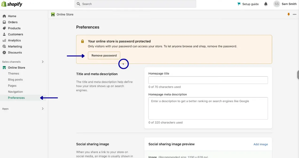 Go to Shopify dashboard -> Online Store -> Preferences. Choose Remove password